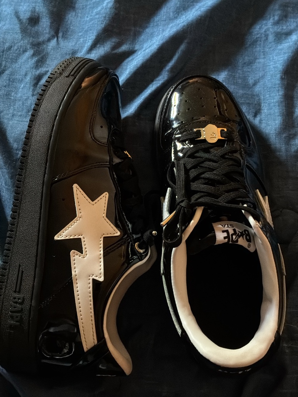Bape Kids Black Patent Sneakers with White Star Bolt